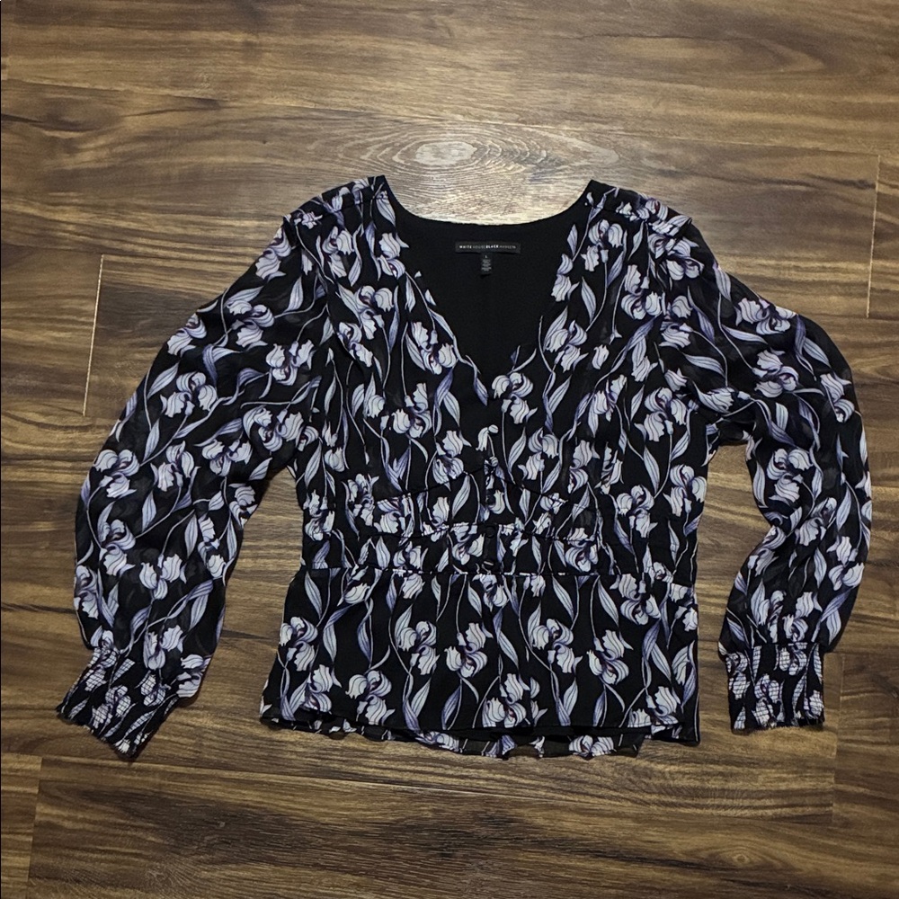 Floral Print V-Neck Long Sleeve Sheer Sleeve Blouse - Black & Lavender